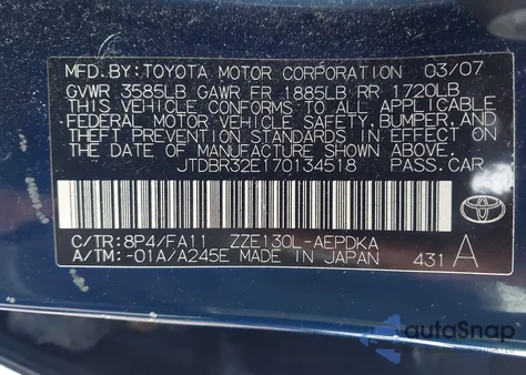 2007 Toyota Corolla Ce z USA, uszkodzony, nr VIN JTDBR32E170134518